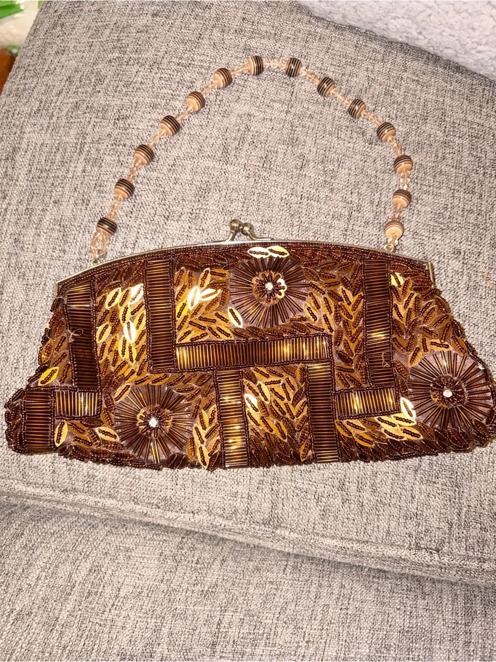 Beaded Brown and Gold Evening Clutch Handbag